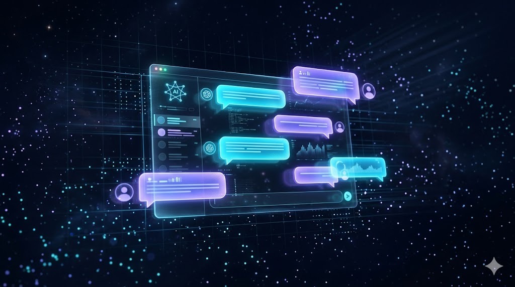 บาริสต้าไทยในคาเฟ่ ใช้มือถือตอบลูกค้าผ่าน AI Chatbot มีแชทบับเบิลลอยอยู่หน้าจอ