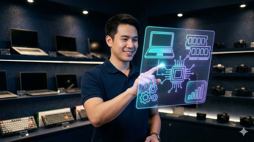 พนักงานขายชายไทยในร้าน IT gadget แตะ UI โฮโลแกรมแสดงไอคอนโน้ตบุ๊ก-RAM-ชิป สีฟ้า-ม่วง บรรยากาศโชว์รูมโทนน้ำเงินเข้ม