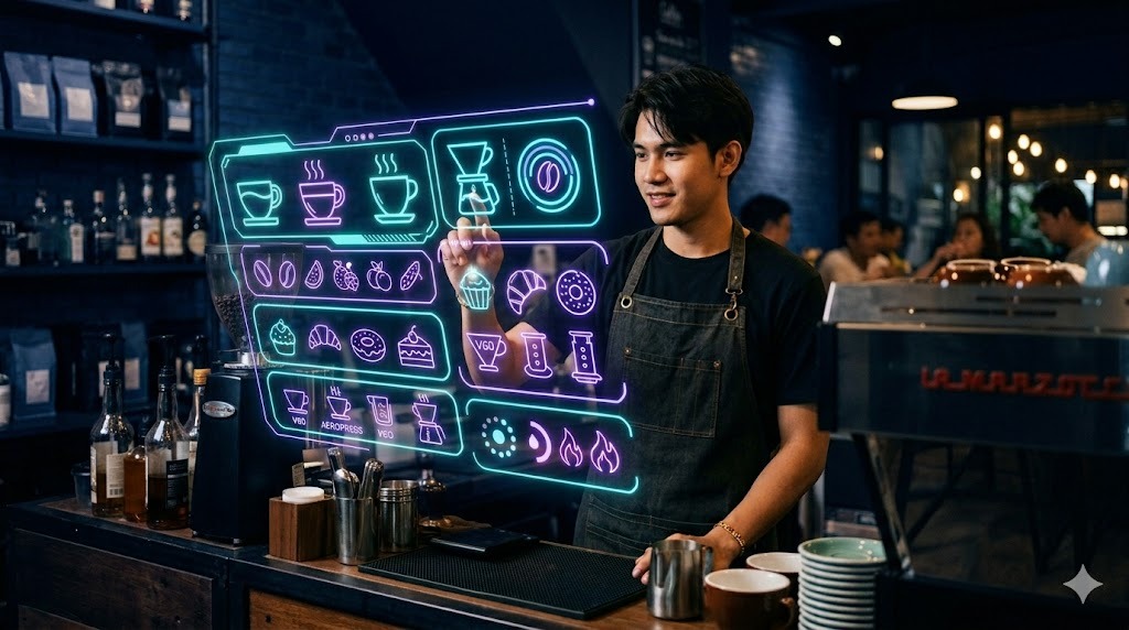 บาริสต้าชายไทยในร้านกาแฟ specialty กำลังแตะ UI โฮโลแกรมสีฟ้า-ม่วง แสดงเมนูกาแฟเป็นไอคอน บรรยากาศโทนน้ำเงินเข้ม