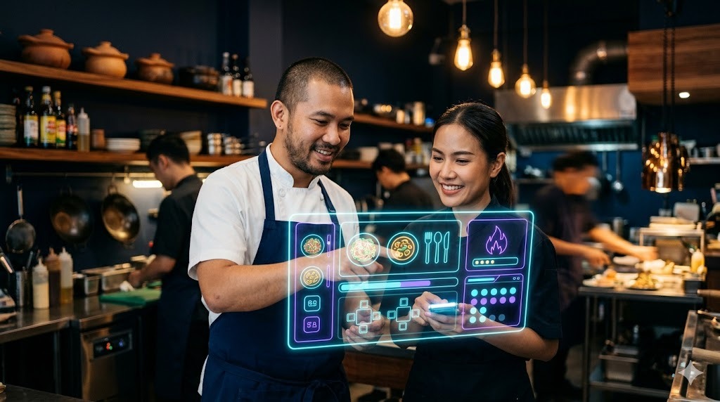 เชฟชายและพนักงานหญิงไทยในครัวร้านอาหารไทยโมเดิร์น พร้อม UI โฮโลแกรมสีฟ้า-ม่วงแสดงเมนูเป็นไอคอน บรรยากาศโทนน้ำเงินเข้ม