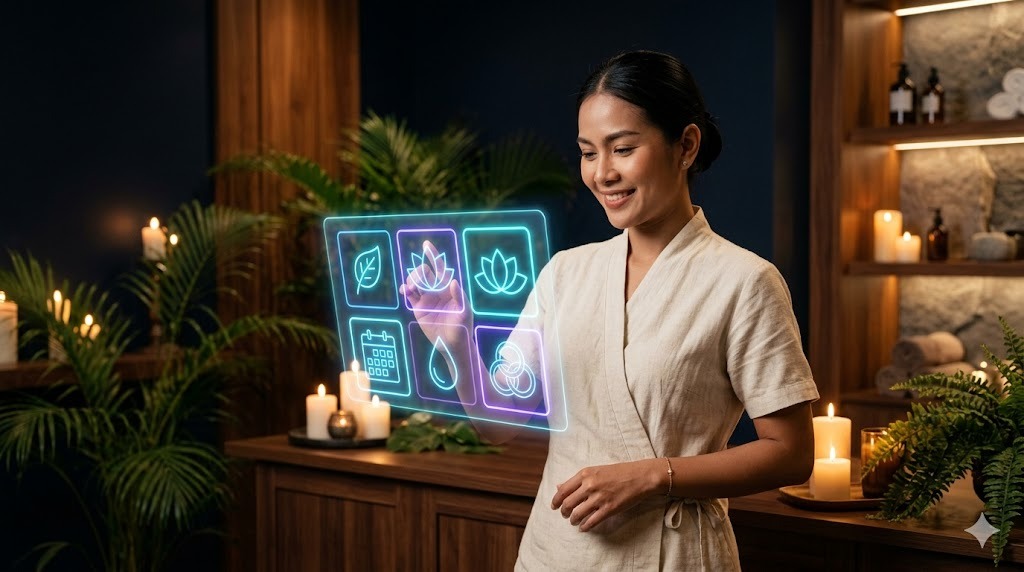 นักบำบัดหญิงไทยในชุดลินินครีมในห้องสปา แตะ UI โฮโลแกรมไอคอนดอกบัว-ใบไม้-ปฏิทิน สีฟ้า-ม่วง บรรยากาศโทนน้ำเงินเข้มมีต้นไม้และเทียน
